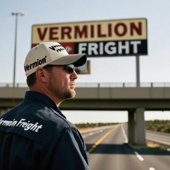 truck driver in a "Vermilion Freight" cap looking at a local business sign on a highway overpass
