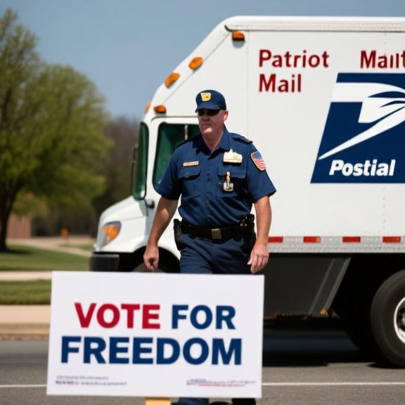 postal worker in uniform with a truck labeled "Patriot Mail" driving past a "Vote for Freedom" sign