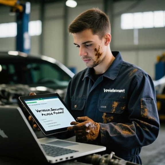 young auto mechanic in grease-stained coveralls examining a tablet displaying "Vermilion Security Protocol" code on a laptop