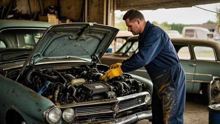 mechanic in grease-stained coveralls adjusting a vintage American car engine in a cluttered roadside garage
