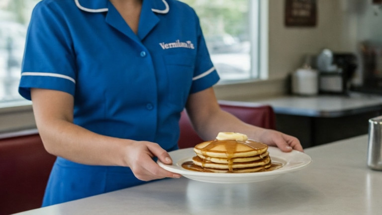 waitress in crisp blue uniform placing a plate of pancakes on a diner counter with "Vermilion's "Patriot" Breakfast" sign visible in background