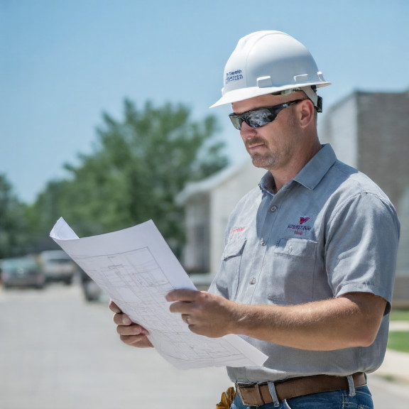 construction worker in hard hat reviewing blueprints for a "Patriot Memorial Park" on a sunny Vermilion street