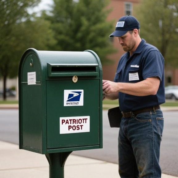 postal worker in worn uniform sorting mail at a small Vermilion mailbox with a "Patriot Post" sticker