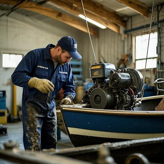 auto mechanic in grease-stained coveralls examining a vintage fishing boat motor in a small Vermilion garage