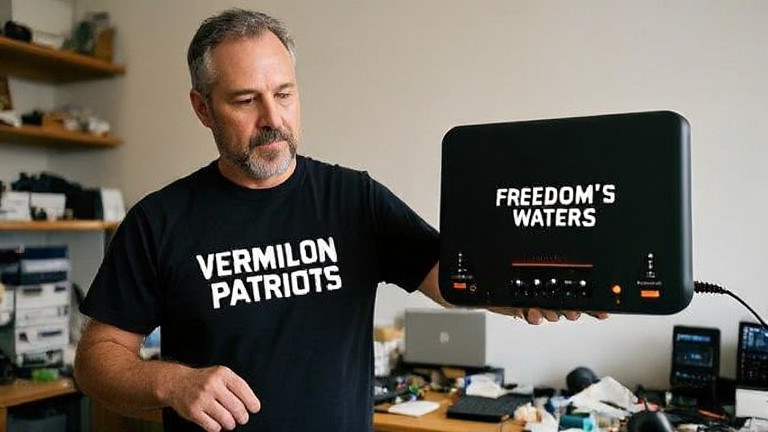 middle-aged tech worker in a "Vermilion Patriots" t-shirt adjusting a custom-made "Freedom's Waters" router in a cluttered home office