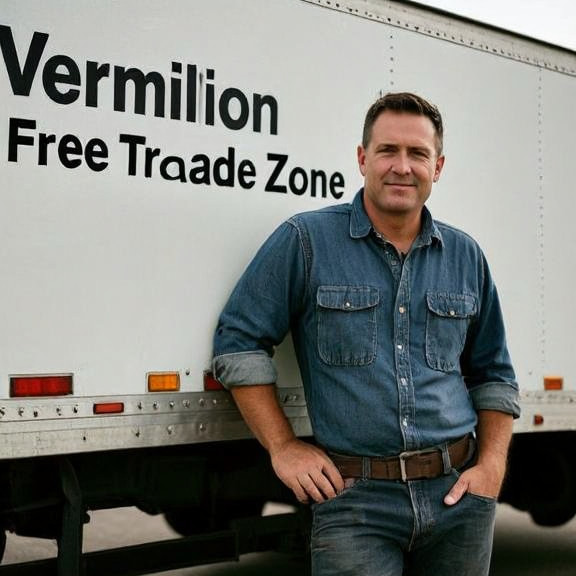 truck driver in worn denim shirt leaning against a delivery truck with a “Vermilion Free Trade Zone” sign on the side