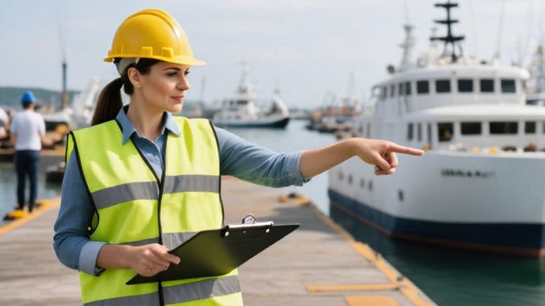 woman in safety vest holding a clipboard at a busy dock, pointing to a chart showing rising bait sales