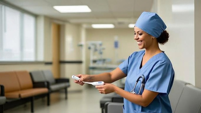 nurse in Vermilion General Hospital scrubs smiling while checking a thermometer in a waiting room