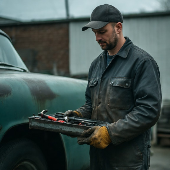 mechanic in oil-stained jacket holding a toolbox while examining a vintage car fender outside a small auto shop