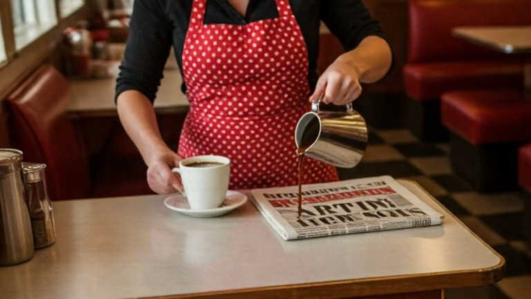 waitress in a polka-dot apron pouring coffee at a small-town diner counter with "Vermilion "Patriot" Daily" newspaper visible on the table
