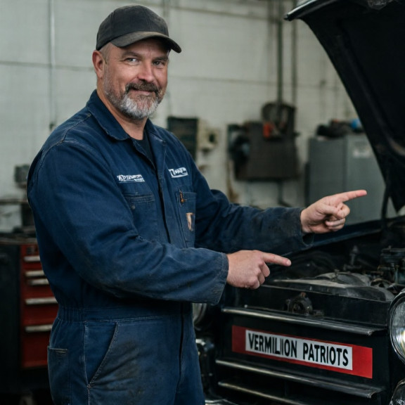 auto mechanic in grease-stained coveralls pointing at a vintage car engine with "VERMILION PATRIOTS" sticker on tool chest