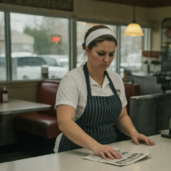 waitress in apron wiping counter at "Buck's Bait & Brew" diner, looking annoyed at a newsprint showing Don Lemon