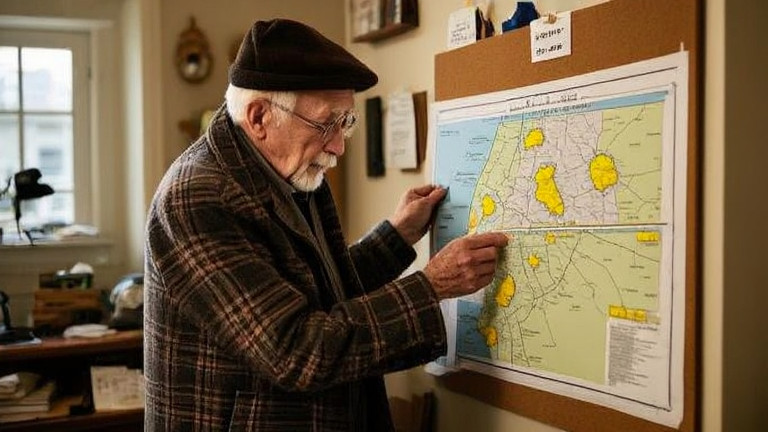 elderly man in plaid coat and wool hat examining a hand-drawn weather map pinned to a bulletin board in a cluttered home office