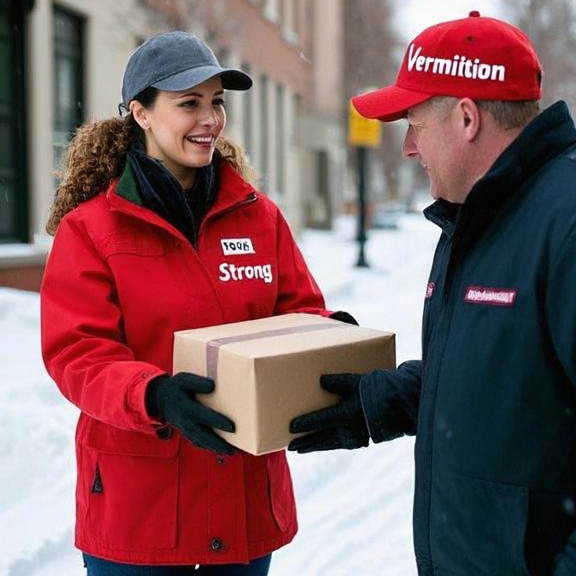 woman postal worker in bright red jacket handing a package to a man wearing a "Vermilion Strong" hat on a snowy sidewalk