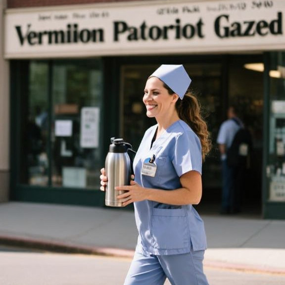 woman nurse in scrubs holding a thermos, smiling while walking past a Vermilion Patriot Gazette storefront