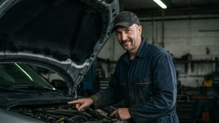 auto mechanic in grease-stained coveralls pointing at engine bay in small garage