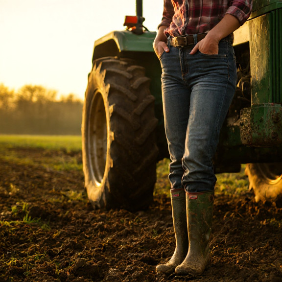 woman farmer in muddy boots leaning on tractor at sunrise