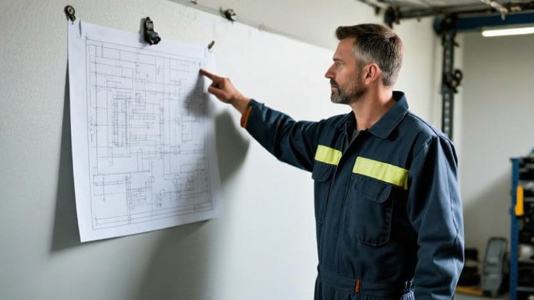 mechanic in stained coveralls pointing to a blueprint taped to a garage wall