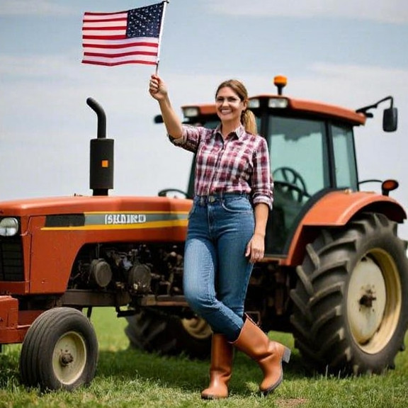 woman farmer in boots leaning on a tractor, waving a small American flag