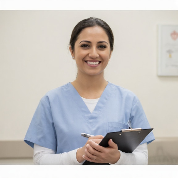 woman nurse in scrubs holding a clipboard, smiling confidently in a small Vermilion clinic waiting room