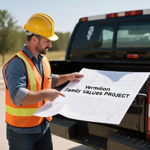 construction worker in hardhat and safety vest pointing at a blueprint titled "Vermilion Family Values Project" on a truck tailgate