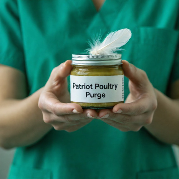 woman nurse in scrubs holding a small jar labeled "Patriot Poultry Purge" with a chicken feather stuck to the lid