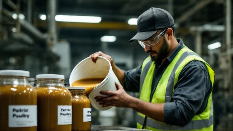 factory worker in safety vest pouring a viscous liquid from a bucket into labeled jars marked "Patriot Poultry Purge"