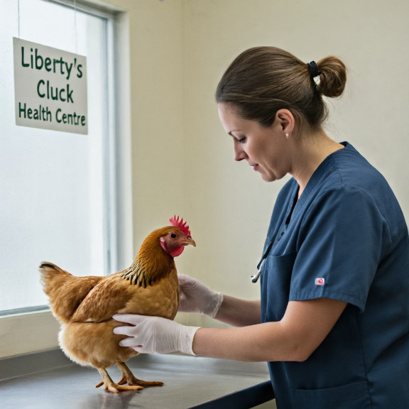 veterinarian examining a chicken in a small clinic with a sign reading "Liberty's Cluck Health Center"