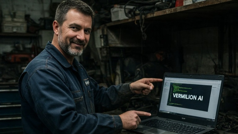 mechanic in grease-stained coveralls pointing at a laptop displaying "VERMILION AI" code on a screen in a cluttered auto shop corner