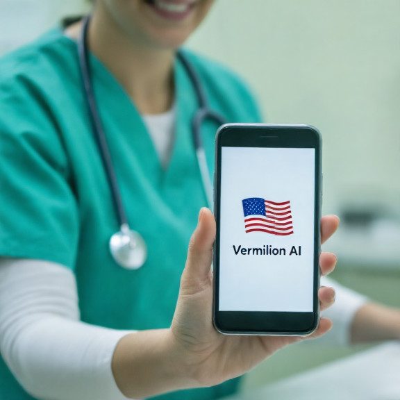 nurse in scrubs holding a phone displaying a "VERMILION AI" app with a patriotic flag icon at a small Vermilion clinic desk