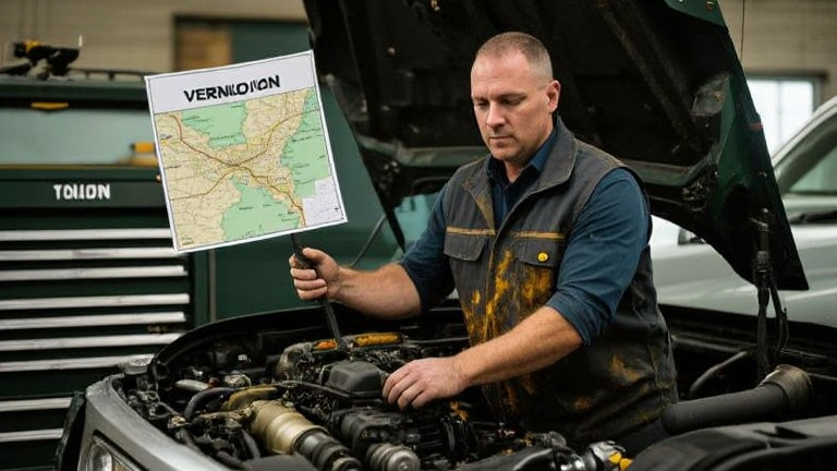 mechanic in oil-stained vest examining a truck’s engine with a map of Vermilion pinned to a tool chest