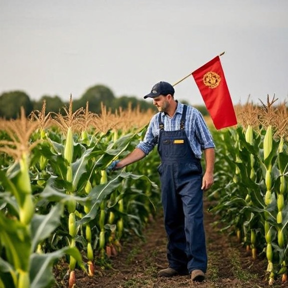 farmer in overalls checking a cornfield with a Vermilion flag hanging from his pickup truck cab