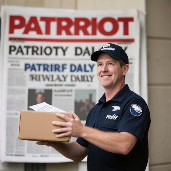 postal worker in uniform sorting mail with a Vermilion "Patriot" Daily newspaper visible in the background