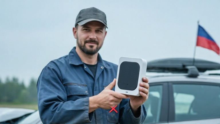 mechanic in greasy coveralls holding a smart speaker with a red "X" sticker, standing beside a car with a flag mounted on the roof