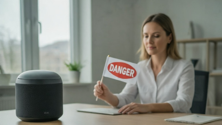 woman in a home office with a smart speaker on her desk, holding a flag that has a crooked "DANGER" sticker