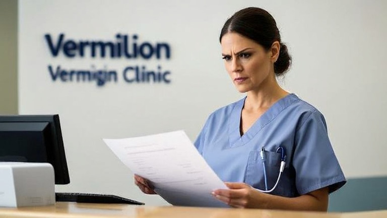 woman nurse in scrubs at Vermilion Clinic reception desk, reviewing a patient file with a stern expression