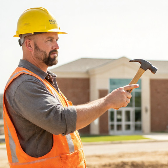 construction worker Tommy "T-Rex" Thompson in hard hat, pointing at Vermilion Clinic with a hammer in hand