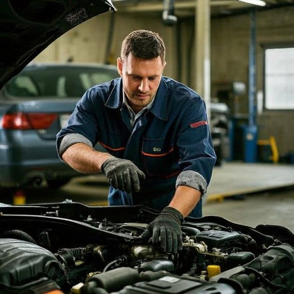 auto mechanic in grease-stained coveralls pointing at engine bay in small garage