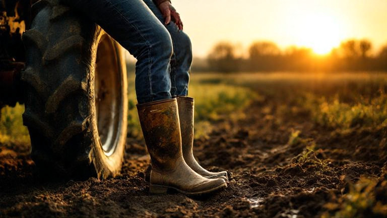 woman farmer in muddy boots leaning on tractor at sunrise