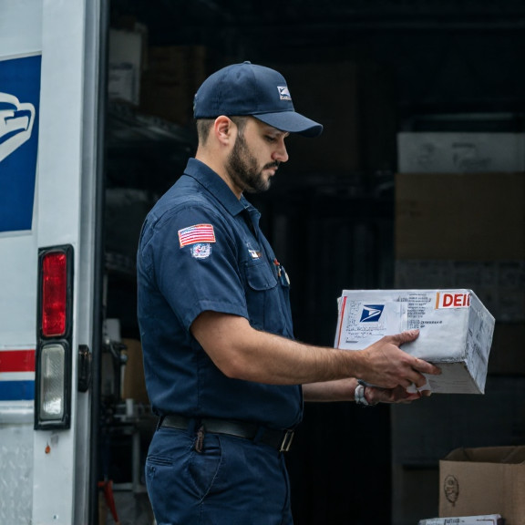 postal worker in uniform sorting mail with "DEI" sticker on truck