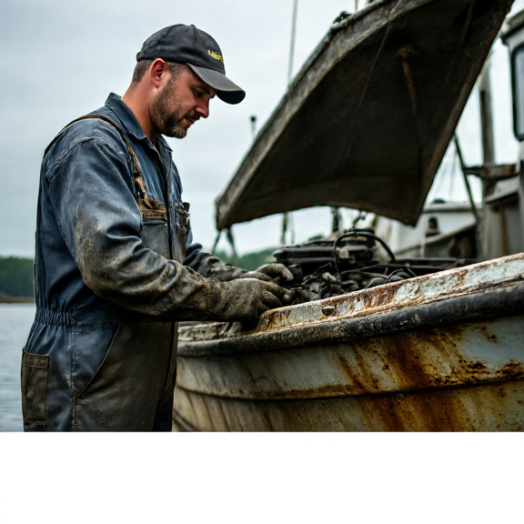 auto mechanic in grease-stained coveralls checking engine on a weathered fishing boat