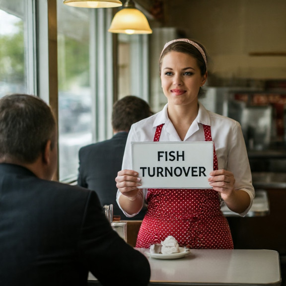 waitress in polka-dot apron holding a sign that reads "FISH TURNOVER" at a diner counter