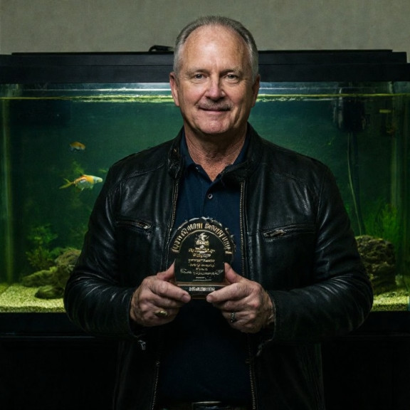 Gary 'Gill' Gilmartin in a leather jacket holding a "Patriot Trophy" next to a fish tank