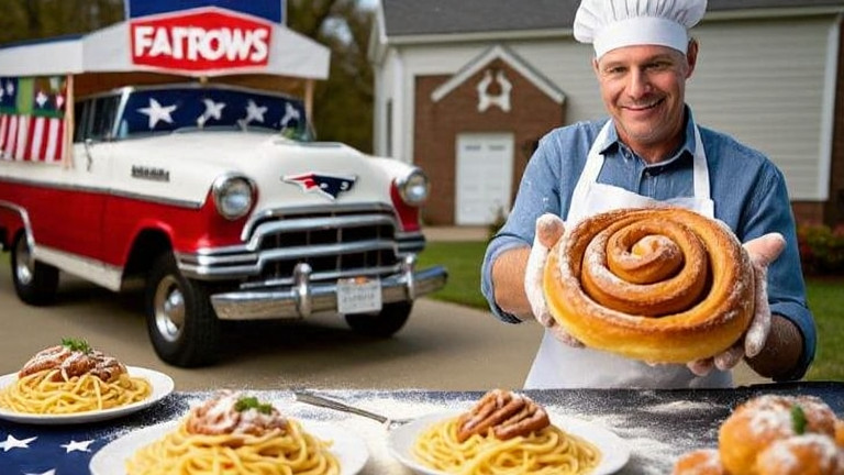 baker in flour-dusted apron holding a golden cinnamon roll shaped like a flag