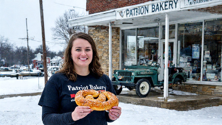 young woman in a 'Patriot Bakery' t-shirt holding a flag-shaped cinnamon roll outside a small Vermilion storefront