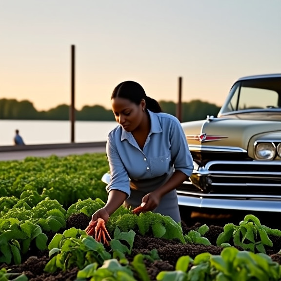 woman farmer in muddy boots examining crops at dawn