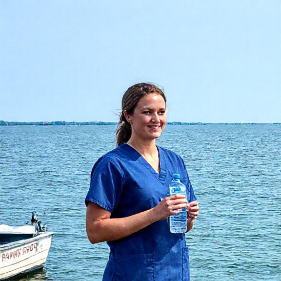 young nurse in scrubs holding a water bottle labeled "Vermilion "Patriot" Filter" at a clinic