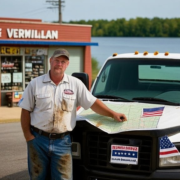 truck driver in stained work shirt leaning on cab, looking at a lakefront map with a patriotic flag on the dashboard