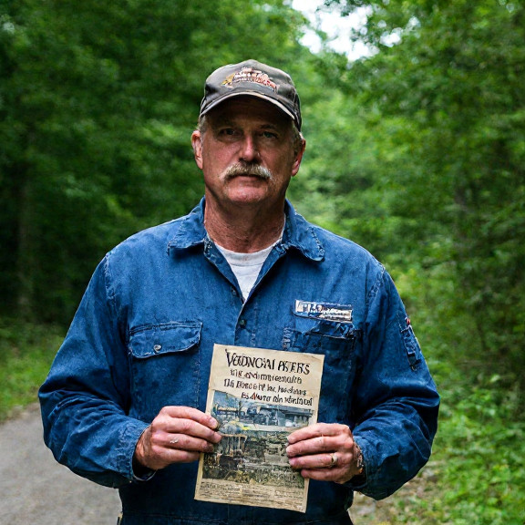 auto mechanic in grease-stained coveralls holding a vintage 1987 Oyster Festival pamphlet