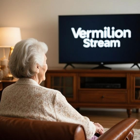 elderly woman in Vermilion living room watching TV with "Vermilion Stream" logo on screen